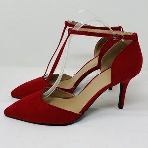 Joey O Heels Women 10 Red Faux Suede T-Straps Pointed Toe Ankle Straps